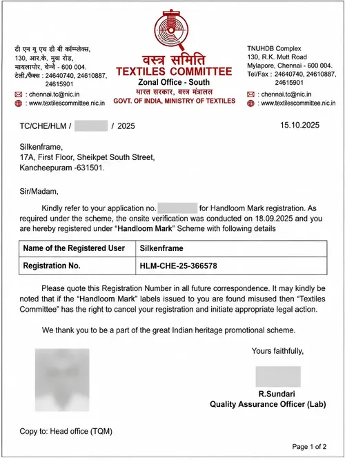 Handloom Mark certificate issued by Textiles Committee, Ministry of Textiles, Government of India. Registration HLM-CHE-25-366578