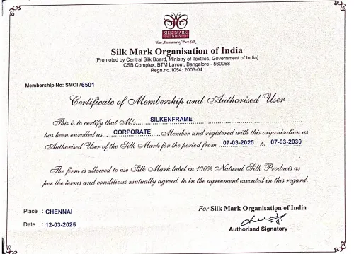 Silk Mark certificate issued by Silk Mark Organisation of India, promoted by the Central Silk Board, Ministry of Textiles. Membership SMOI/6501
